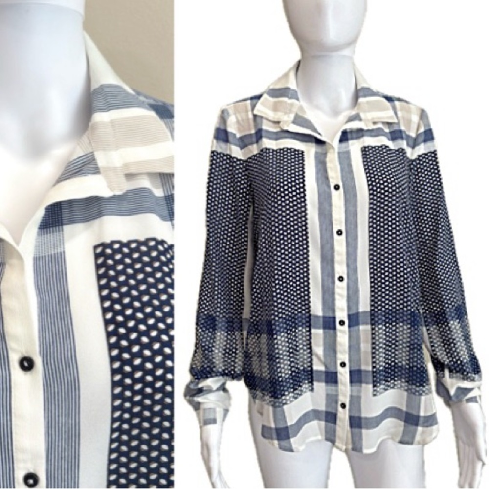 FYLO London Long Sleeve Button Shirt Womens Size Small Sheer Plaid Dot Print